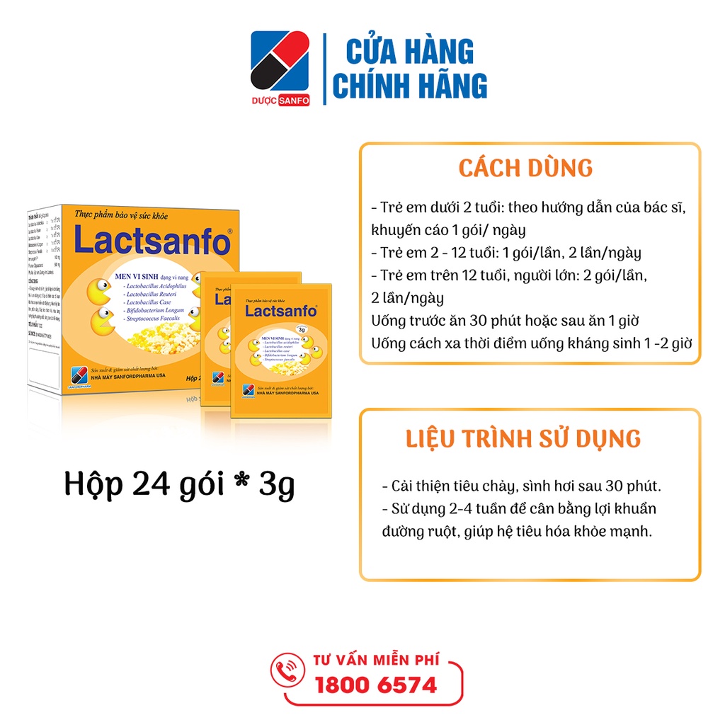 Men vi sinh Lactsanfo giảm ngay chướng bụng, đầy hơi, tiêu chảy tức thì, giảm táo bón, giúp ăn ngon hộp 24 gói