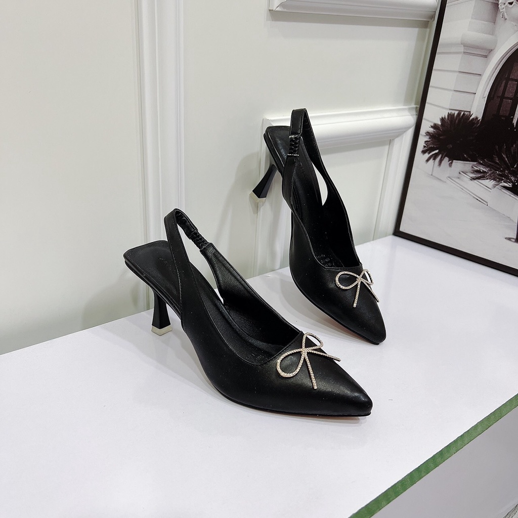 Sandal cao gót nữ 7p mũi nhọn bít bản nơ xoàn đá hàng cao cấp chất da đẹp xịn sò - Chị Chảnh Store