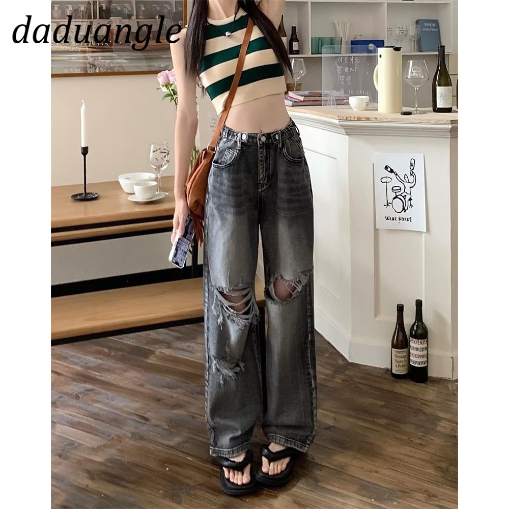 Quần jean Daduhey lưng cao ống rộng kiểu rách thời trang ins retro Mỹ cho nữ