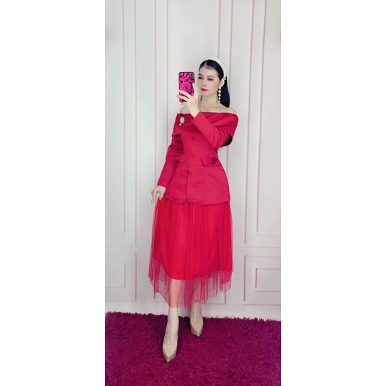 ms 1196Y SÉT ÁO VÁY LƯỚI SỌC Ô KÈM TAG CÀI NGỰC full size s /m /L /xl