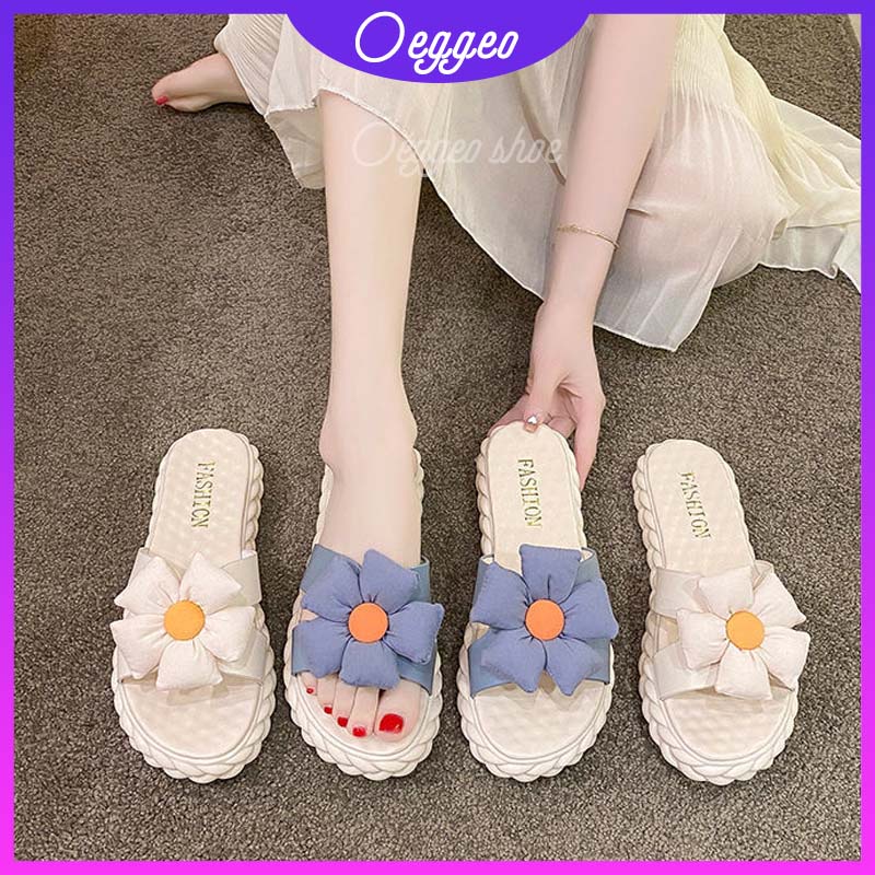 Oeggeo shop Dép Đế Bằng Xỏ Ngón Họa Tiết Hoa Thời Trang Mùa Hè Cho Nữ