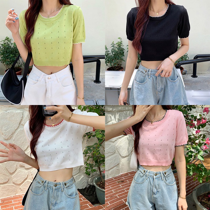 Áo Croptop Dệt Kim Tay Ngắn Cổ Tròn Phối Màu Phong Cách Hàn Quốc Thời Trang Cho Nữ