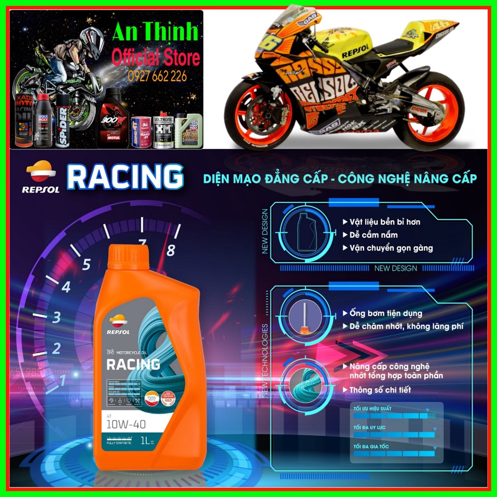 Mẫu Mới Nhớt Repsol Racing 10w40 SN MA2 Và FullySynthetic 10W30 - Nhớt Tổng Hợp 100%- FullySynthetic-1L