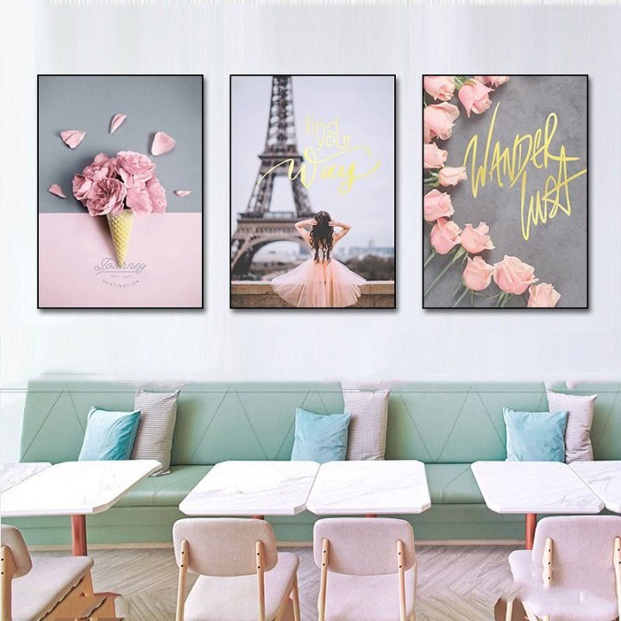 Tranh treo tường canvas Paris lãng mạn decor trang trí phòng khách và phòng ngủ có khung cao cấp bộ 3 bức khổ lớn 40x60