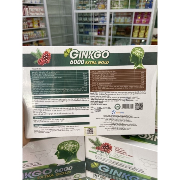 Viên uống Ginko 6000 - bổ não Ginkgo 6000 Extra Gold hỗ trợ tăng cường máu lưu thông giúp giảm đau đầu  lọ 60 viên TM