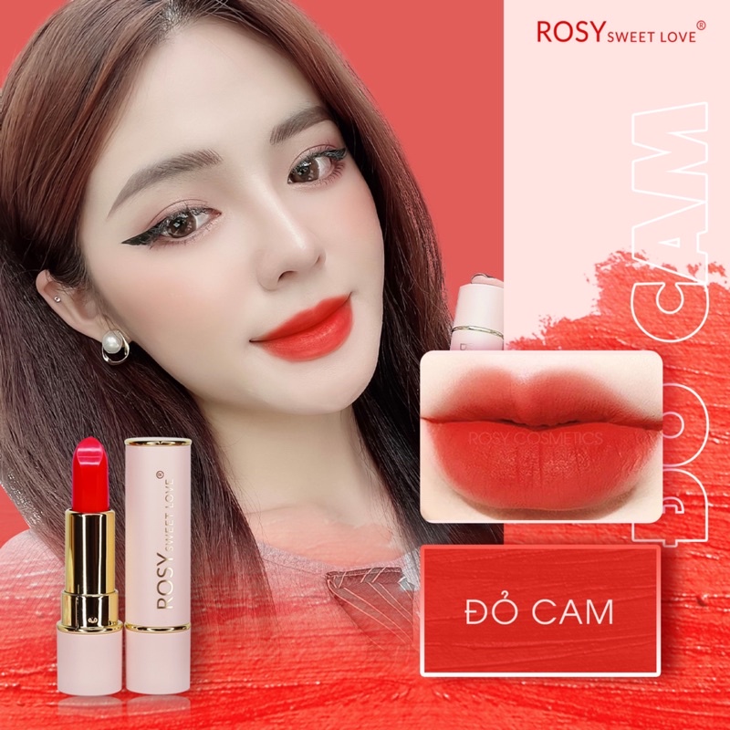 Màu son Đỏ Cam ,Son ROSY, son sáp lì,Son không chì ,dưỡng mềm môi, chất son mềm mịn lên môi nhẹ