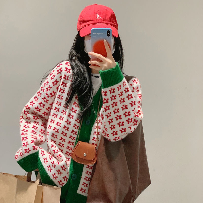 Áo sweater dệt kim in hoa màu đỏ dáng ôm dễ phối đồ phong cách Hàn Quốc