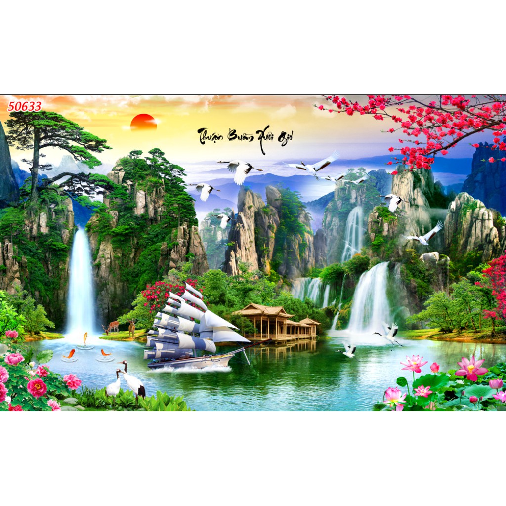Thuyền buồm xuôi gió in lên vải lụa bức tranh dán tường có kích thước theo yêu cầu