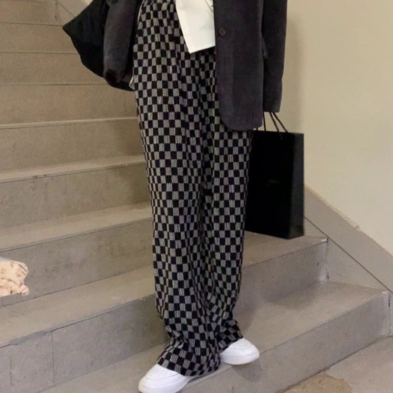 Quần ống rộng Họa Tiết Sọc Caro Thời Trang Thu Đông Cá Tính Cho Nữ