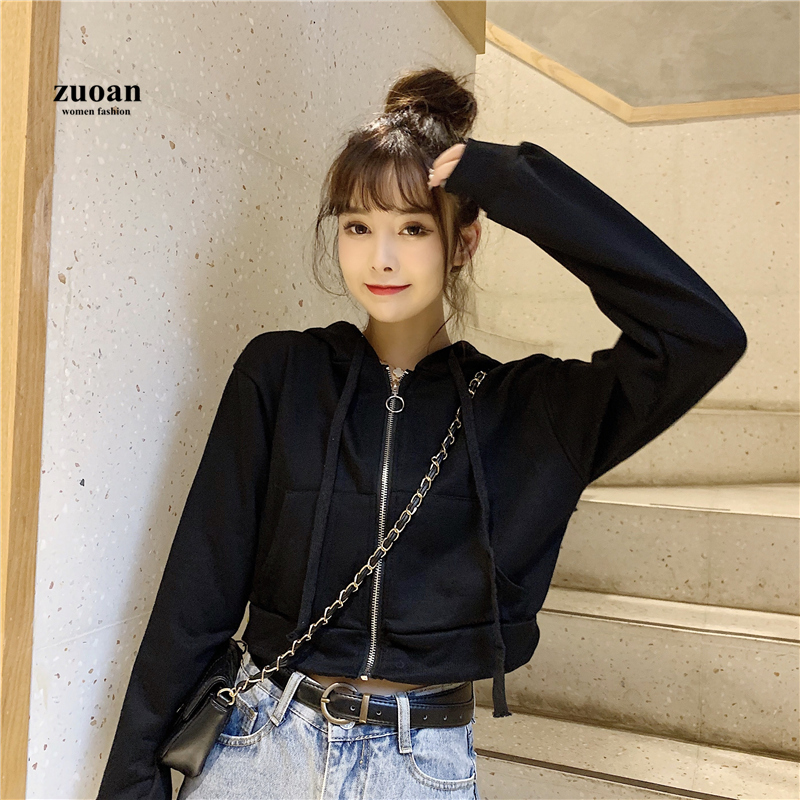 SUXI Áo khoác sweater ngắn mỏng dáng rộng phối khóa kéo phong cách mùa thu cá tính cho nữ