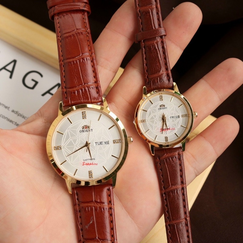 Đồng Hồ Cặp Đôi Nam Nữ orient Kính Sapphire Dây Da , Size 30/40mm