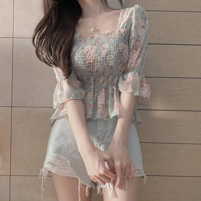 Áo Sơ Mi Chiffon Tay Loe Ôm Eo In Họa Tiết Hoa Phong Cách Mới Cho Nữ