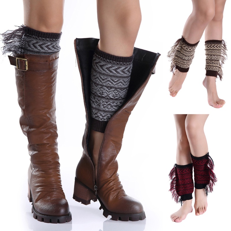 Youyo Vớ Dệt Kim Ngắn Giữ Ấm Chân Phối Tua Rua Bên Hông Họa Tiết Kẻ Sọc Phong Cách Boho Cho Nữ