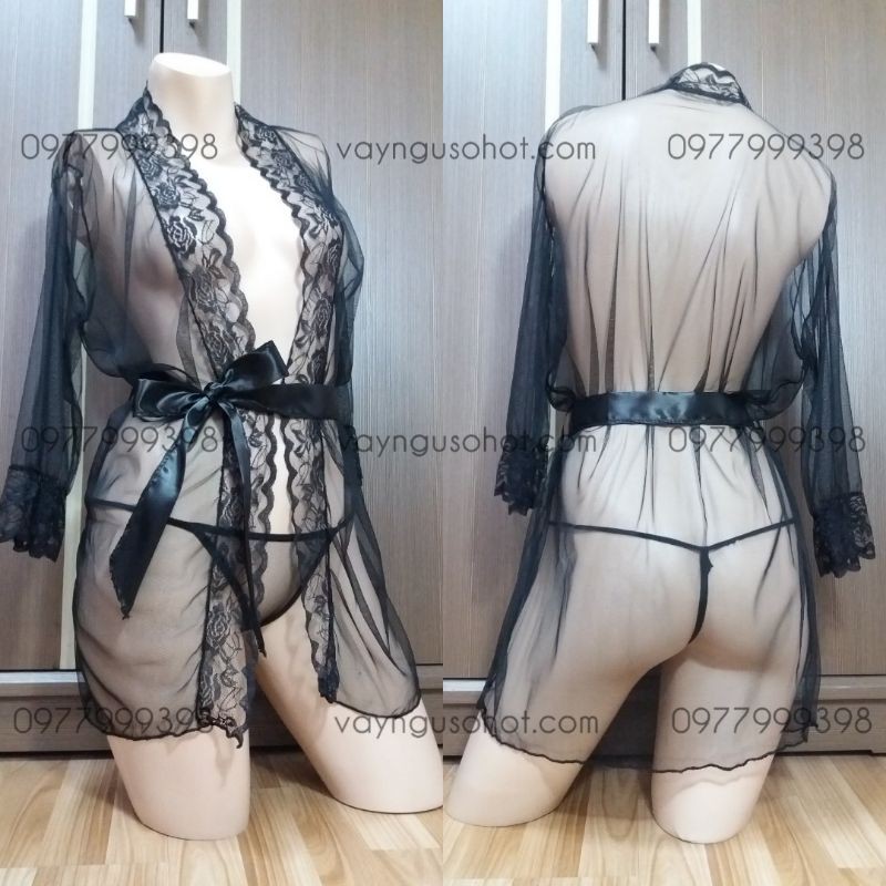 ( clip tự quay + ảnh thật tự chụp ) áo choàng ngủ đen trong suốt viền ren sexy | BigBuy360 - bigbuy360.vn