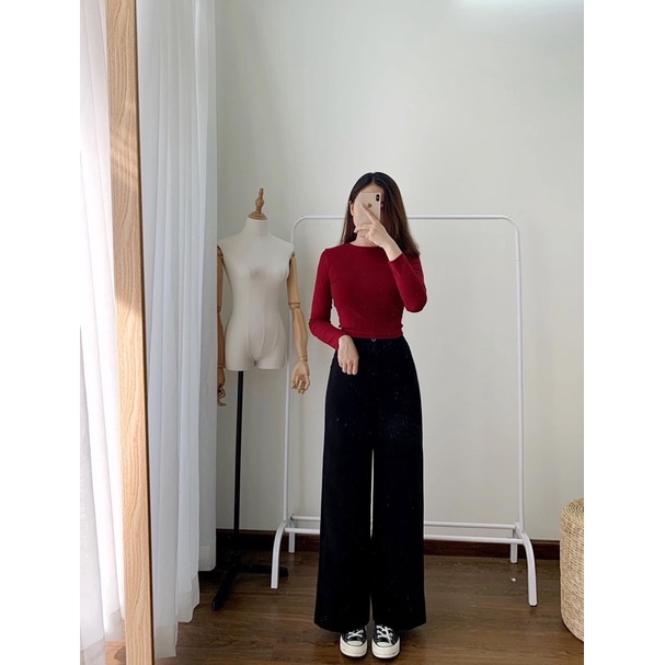 Quần culottes ống rộng cotton lạnh cạp cao khóa thật dáng dài