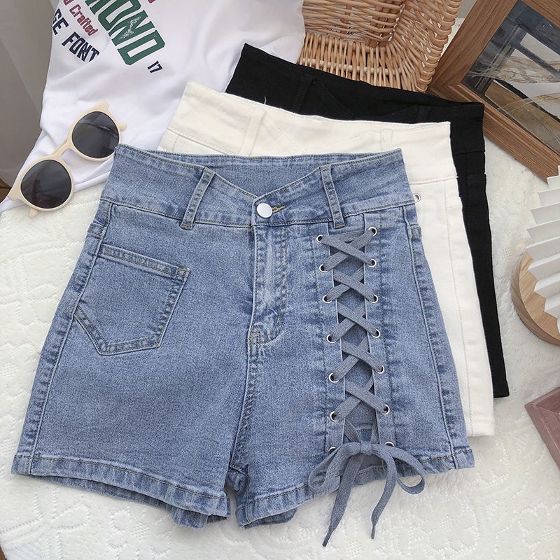 Tie cross-waist large-size denim wide-leg shorts women's 2022 summer dress Korean version show thin A hot pants trend