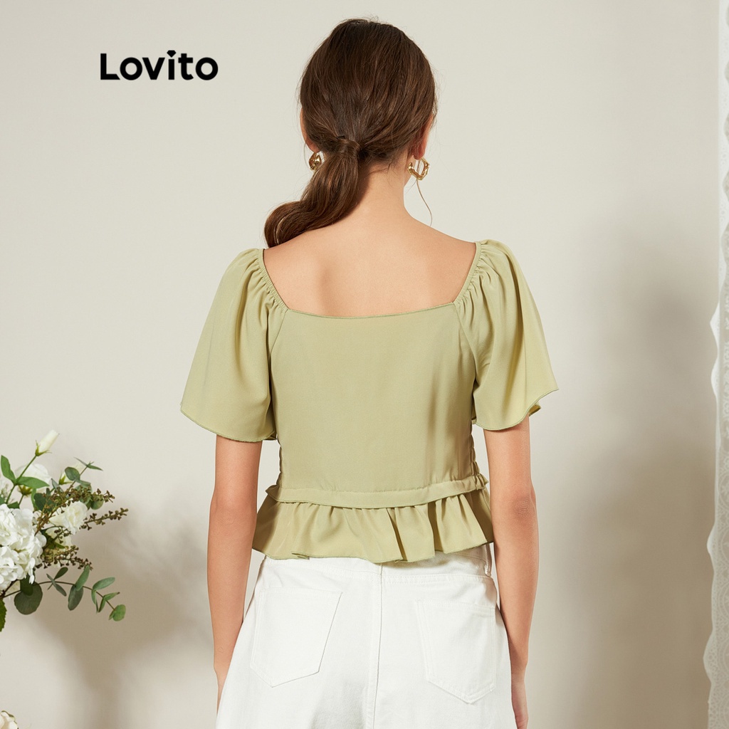 Áo kiểu Lovito màu trơn may nhún chun viền nhún bèo cảm giác mát phong cách thường ngày L25ED018 (màu xanh lá nhạt)