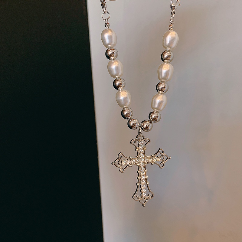 Vòng cổ Chuỗi Ngọc Trai Mặt Thánh Giá Phong Cách hip hop Cho Nam Và Nữ