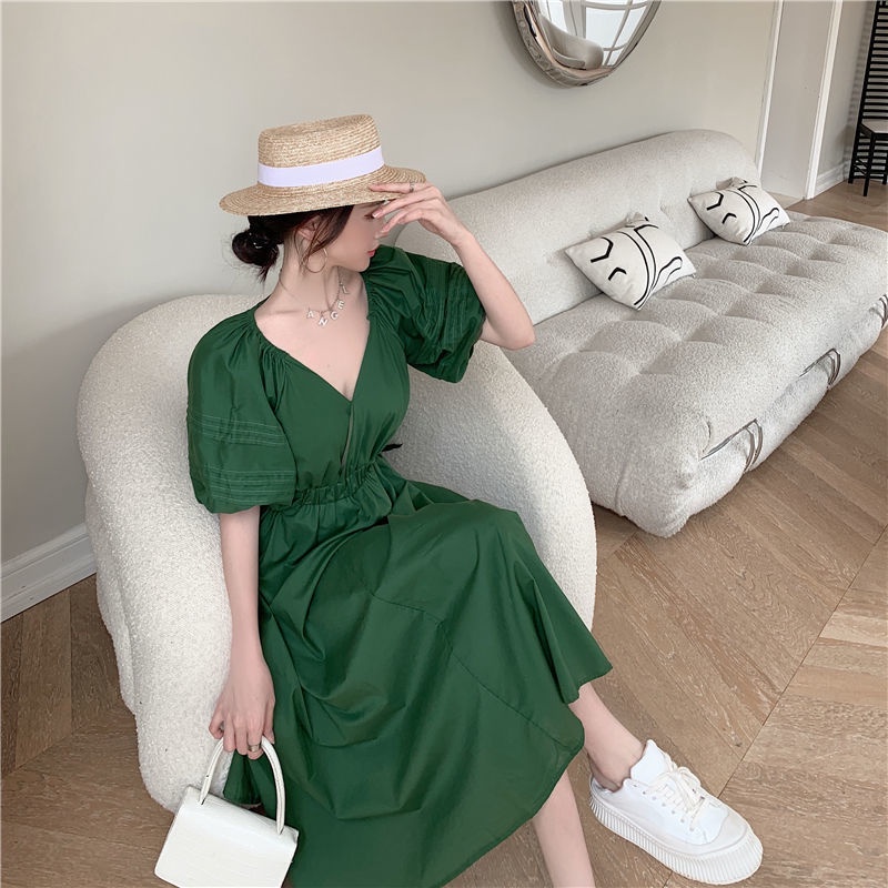 Đầm Cổ Chữ V Hở Lưng Phối Nút Thắt Nơ Xinh Xắn Thời Trang