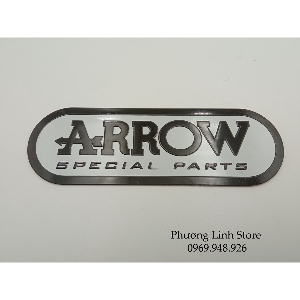 Decal dán pô xe máy, tem nhôm dán pô Arrow dài chữ đen nền trắng size to (50)