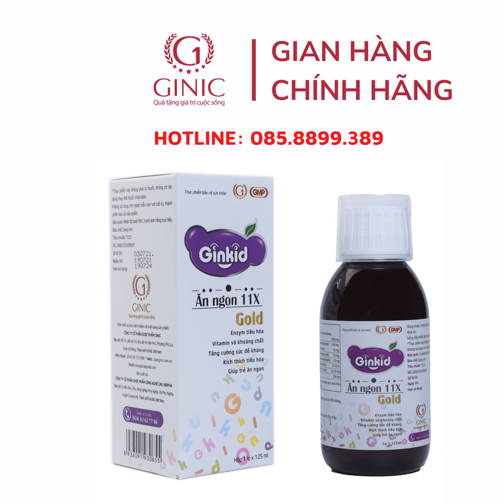 Siro GINKID ăn ngon 11X chai 125ml, thêm Tăng cường đề kháng. Hàm lượng Lysin cao cùng với Digenzym và các vitamin.