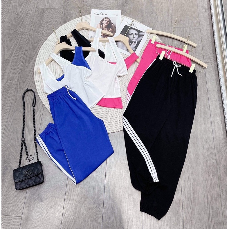 Set bộ thể thao áo croptop phối màu quần bom chạy sọc viền cực cá tính | BigBuy360 - bigbuy360.vn