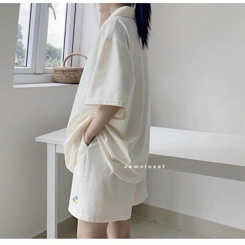 Bộ polo uzzang gồm áo polo kèm quần short tay lỡ chất cotton tăm dày dặn