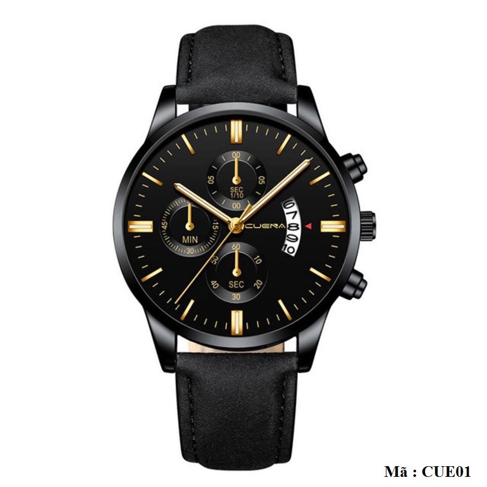 Đồng hồ nam CUENA C5 chính hãng dây da đen, mặt tròn có lịch xem ngày | BigBuy360 - bigbuy360.vn