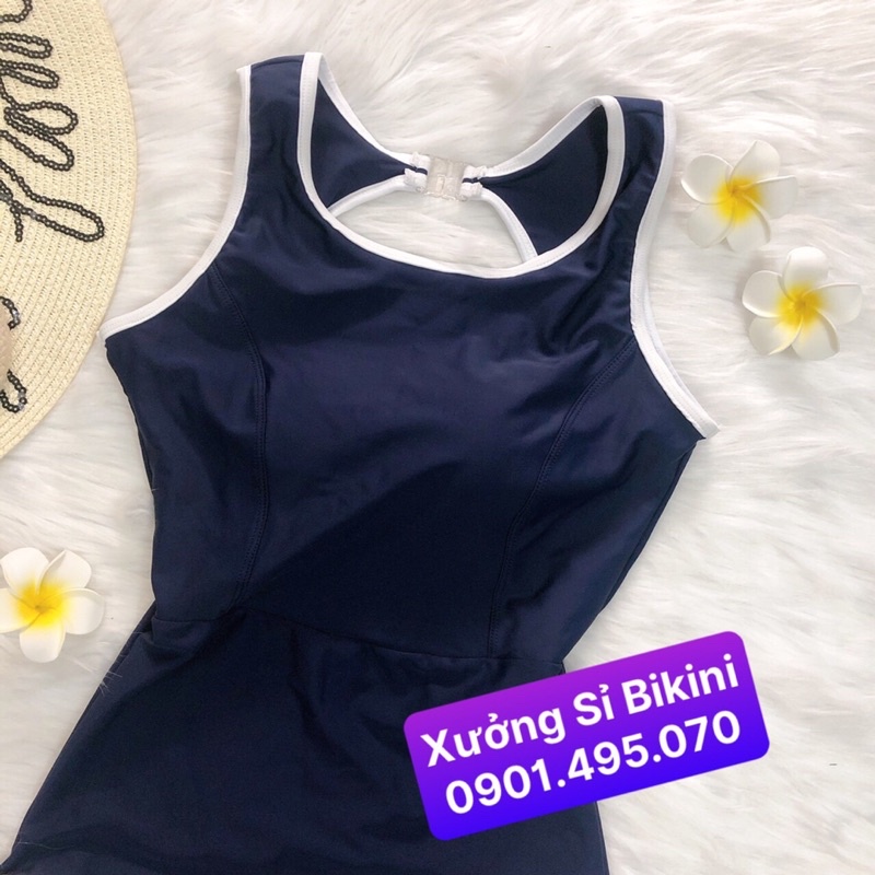 [ĐỒ BƠI LIỀN MẢNH CAO CẤP] Bikini 1 mảnh nữ khoét lưng GÀI KHÓA SAU màu XANH ĐEN viền trắng cá tính