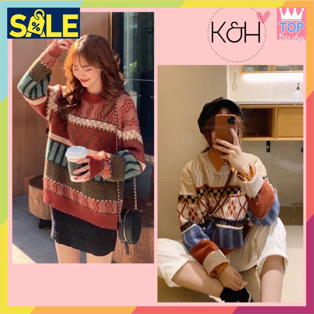 [BAO CHẤT] Áo len nữ thổ Cẩm họa tiết Quảng Châu KH105, áo len ulzzang hoạ tiết thổ cẩm cho nữ