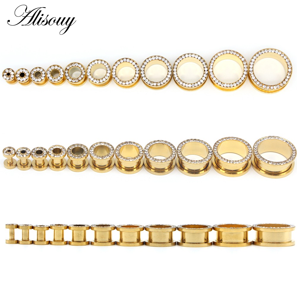 Alisouy 1 Cặp Nút Bịt Lỗ Tai 3~20mm Màu Vàng Pha Lê