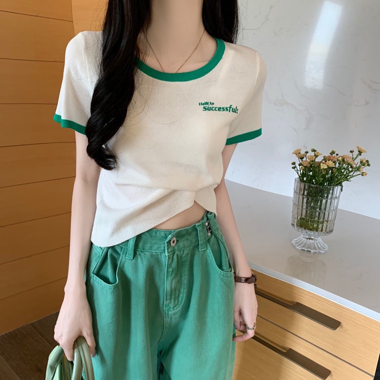 Jiashucheng Áo Thun Dệt Kim Ngắn Tay Dáng Ôm In Chữ Nhiều Màu Sắc Thời Trang Mùa Hè Cho Nữ