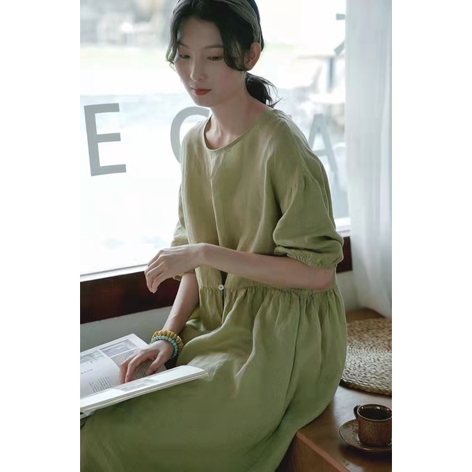 Đầm linen dáng suông thiết kế cúc cài chỉnh eo thời trang phong cách trẻ