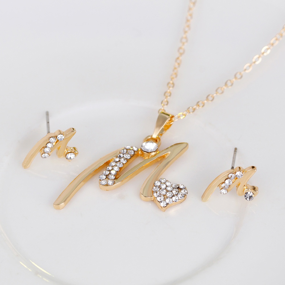 Bộ Nữ Trang Mạ Vàng KC Mặt Trái Tim Chữ M Đính Đá Nhân Tạo