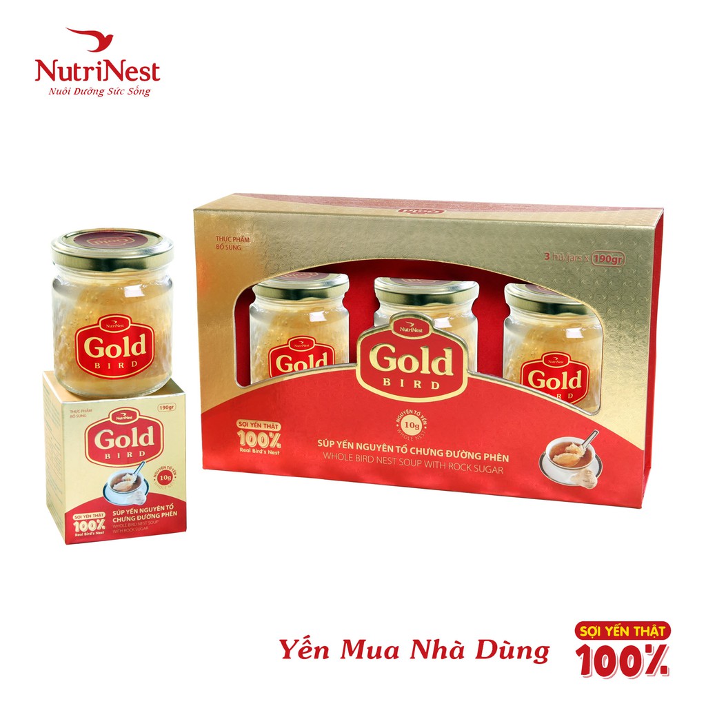 Hộp Quà Nước Yến Sào Nguyên Tổ Chưng Đường Phèn - NUTRINEST - Gold Bird - (3 hũ x 190g)