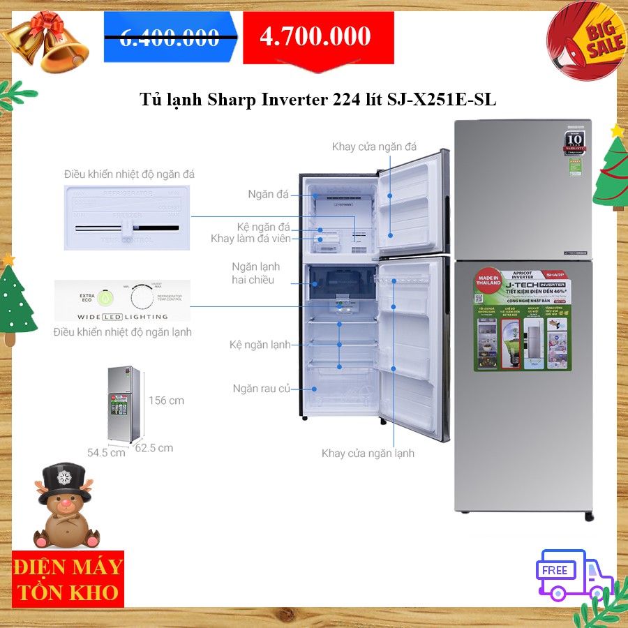 Tủ lạnh Sharp Inverter 224 lít SJ-X251E-SL