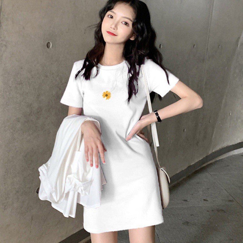 Đầm cổ tròn tay ngắn họa tiết đơn giản thời trang cho nữ