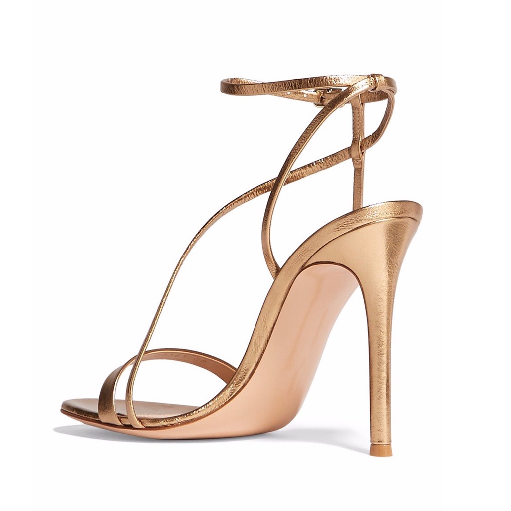 Giày Cao Gót Sandal Màu Gold Chéo Dây Hở Gót Da Nhũ, Giày Sandal Dây Mảnh Tôn Dáng Êm Ái Cho Nữ Dự Tiệc Cao 9-11 Phân