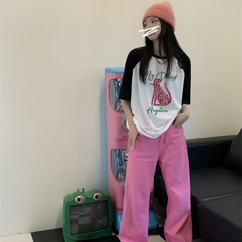 Áo Thun Ngắn Tay Dáng Rộng In Họa Tiết Da Báo Màu Sắc Tương Phản Thời Trang Mùa Hè Cho Nữ