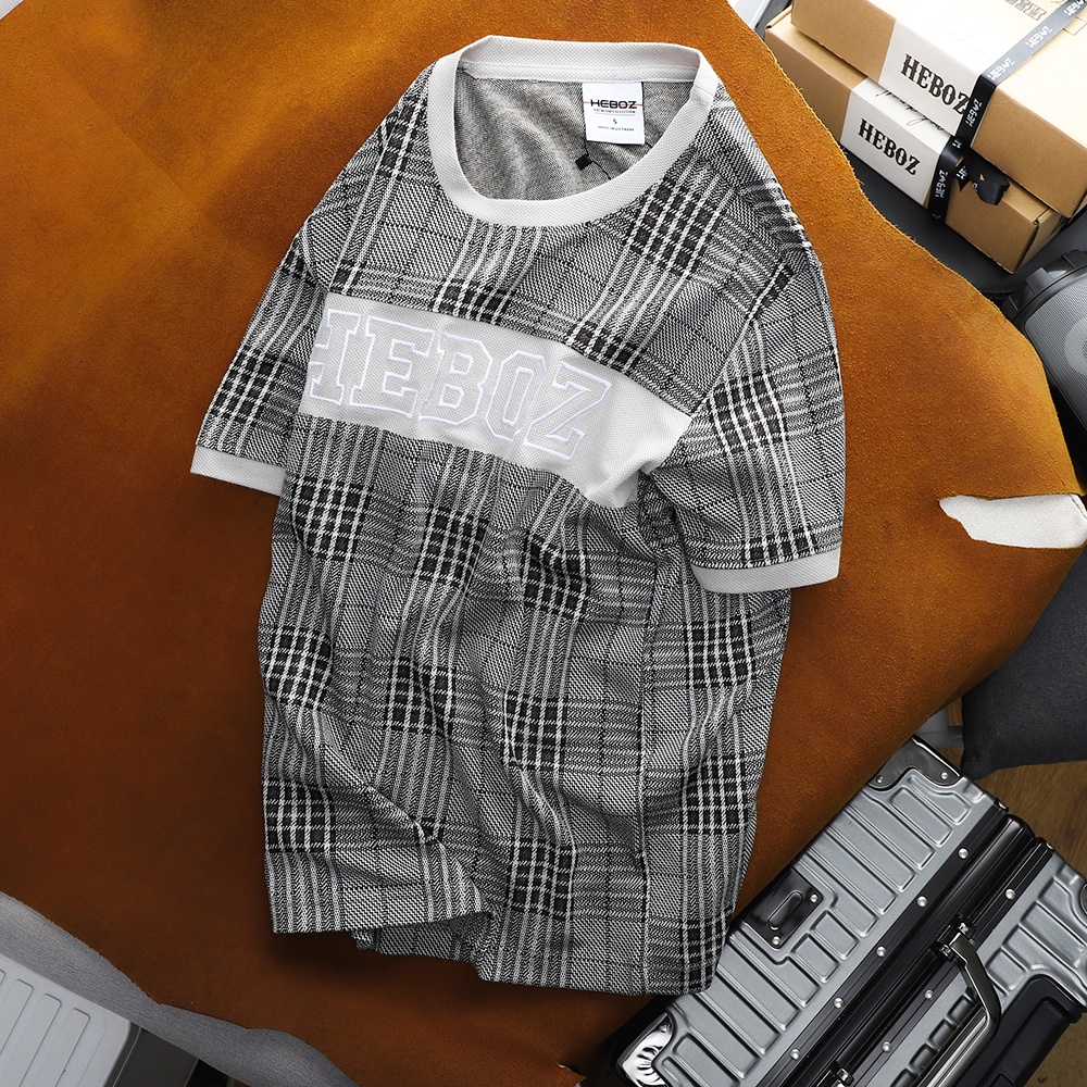 Áo thun nam cổ tròn HEBOZ chất vải dệt caro, phối thêu chữ cao cấp 2M - 00001207