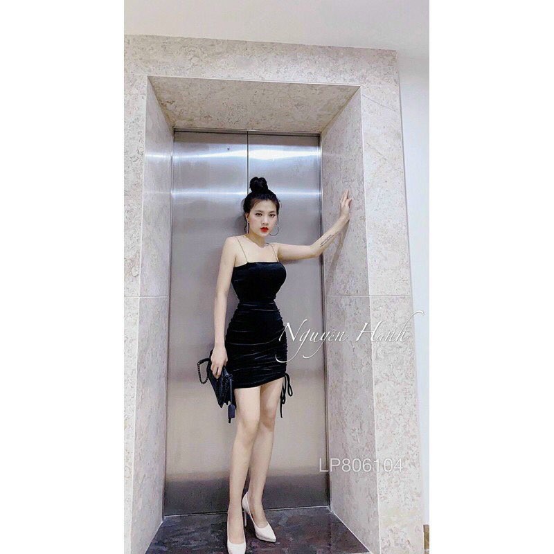 Đầm Body Nhung Dây Xích Rút Hai Bên