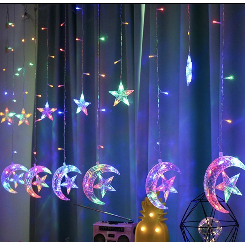 (Dùng Điện) Bộ Đèn Led Rèm Trang Trí Trăng Sao Dài 3 Mét Decor Ban Công Quán Cafe Nhàng Hàng Có Phích Nối