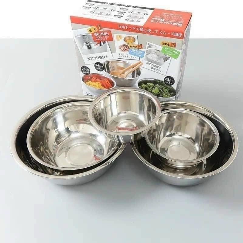 Combo 5 Thau Bằng Inox Cao Cấp, 5 Thau 5 Kích Thước Khác Nhau Có Ghi Thể Tích Tiện Lợi (Hộp Trắng)