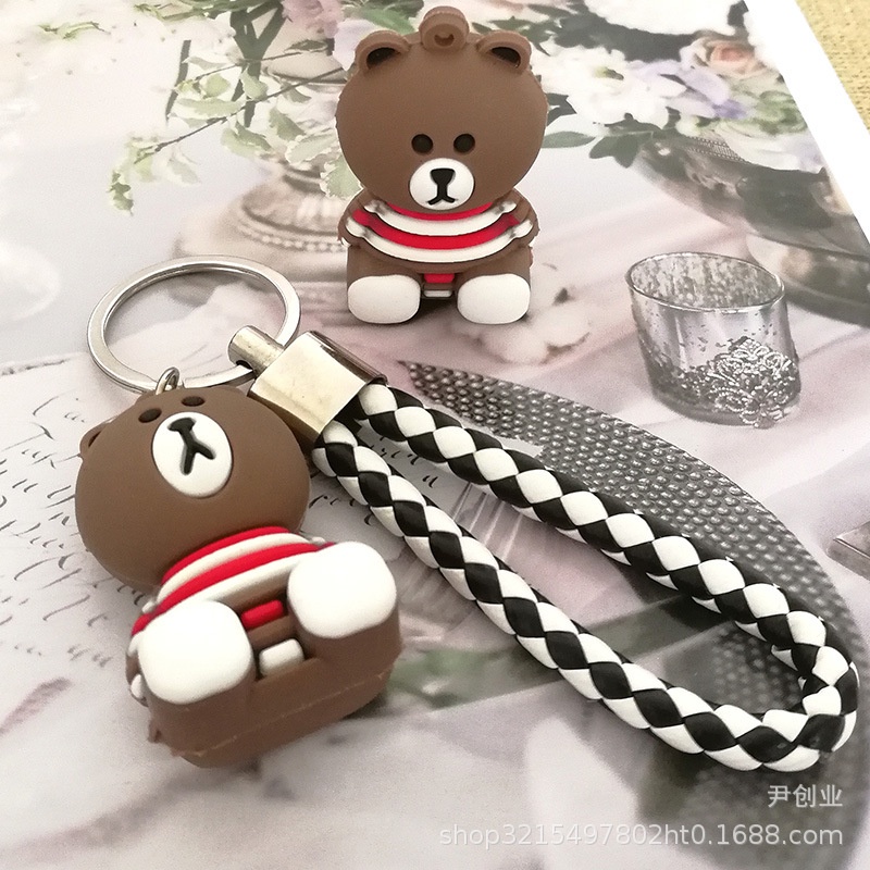 Móc khóa gấu nâu chất liệu PVC kèm dây thừng cute
