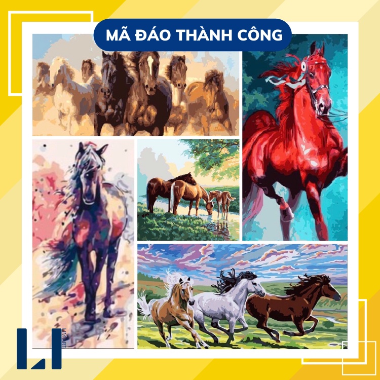 Tranh sơn dầu số hoá có khung LIM Art -Tranh tô màu theo số ngựa, mã đáo thành công.