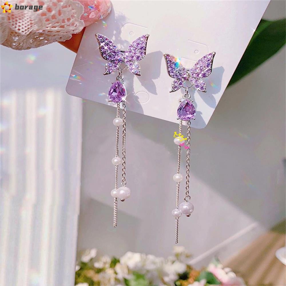 Đôi Khuyên Tai Dài Hình Bướm Đính Ngọc Trai Thời Trang Cho Nữ