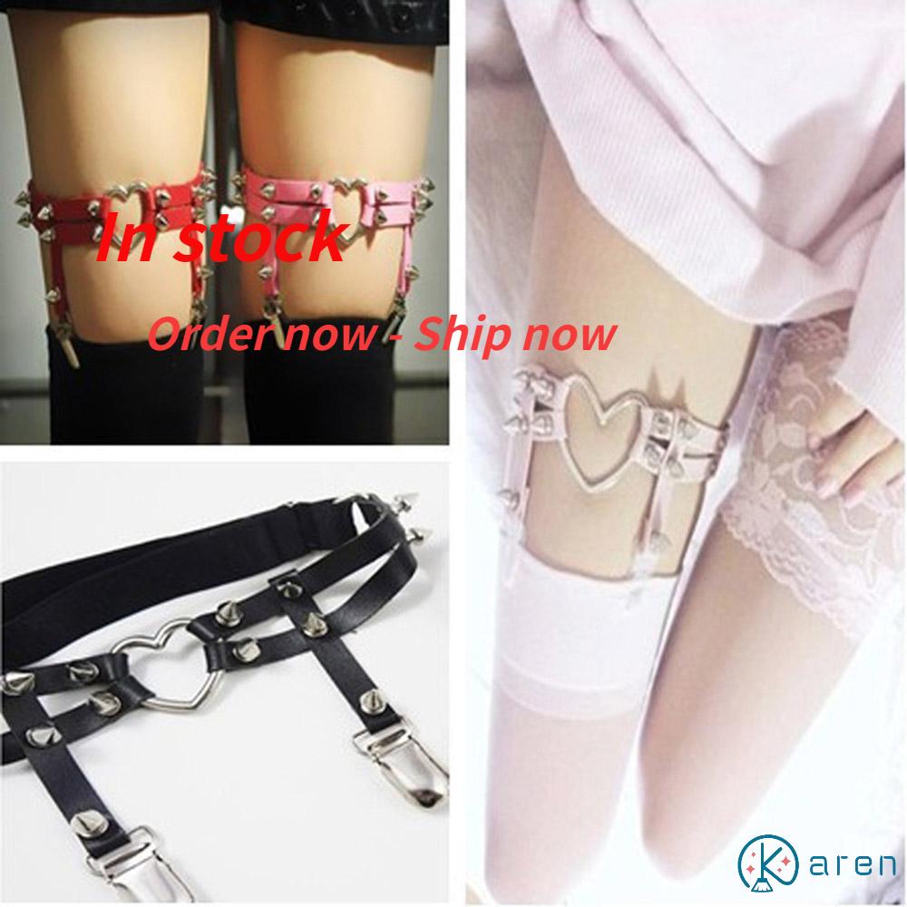 👗KAREN💍 Women Heart Ring Thigh Elastic Suspender Garter Belt Sexy Stud PU Leather Gothic Punk Rivet/Multicolor