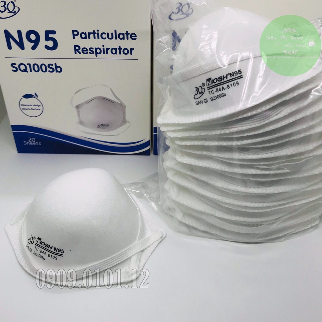 Khẩu trang n95 SQ100SB chính hãng 3Q hộp 20 cái, kn95 mask cao cấp chuẩn ffp2 lọc trên 94% bụi mịn pm2.5