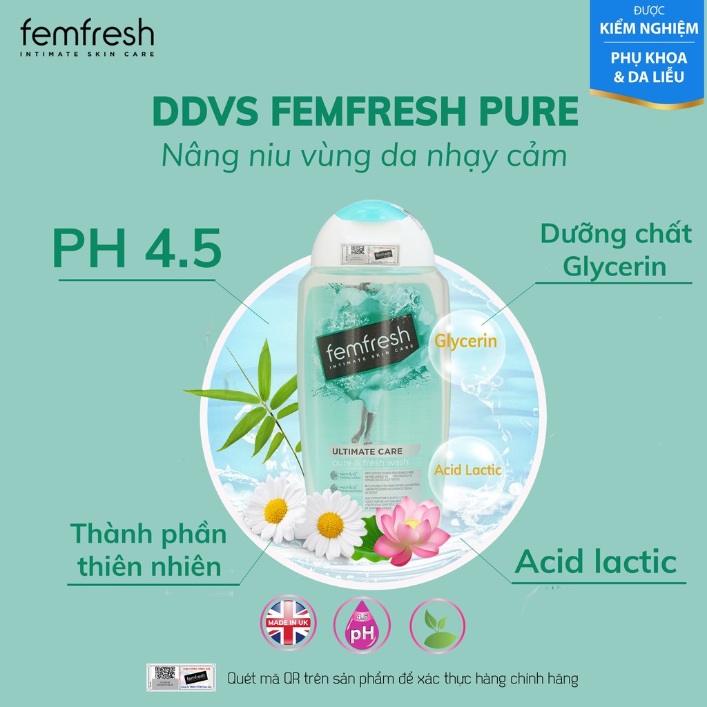 Dung Dịch Vệ Sinh Phụ Nữ  Femfresh Pure &amp; Fresh Wash Cho Da Nhạy Cảm Giup Vùng Kín Tươi Trẻ Mịn Màng, Thoáng Mát Dễ Chịu