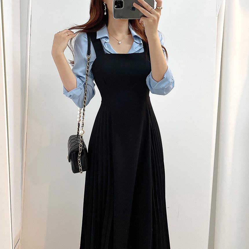 Áo Sơ Mi Dài Tay Thắt Dây / Váy Xếp Ly Màu Trơn Phong Cách Mới 45248